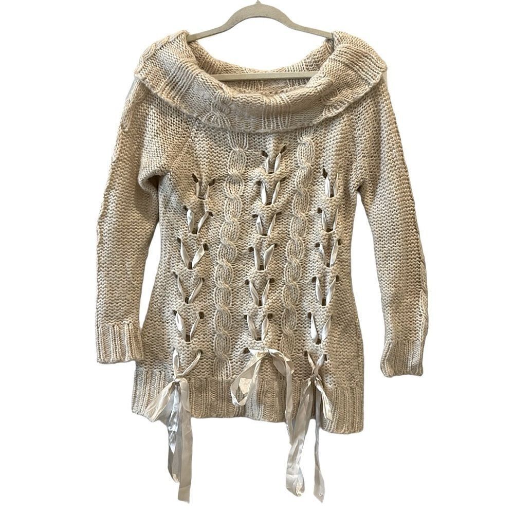 Boston Proper Ribbon Romantic Cable Knit Drop Shoulder Cream Sweater Medium​​​​​